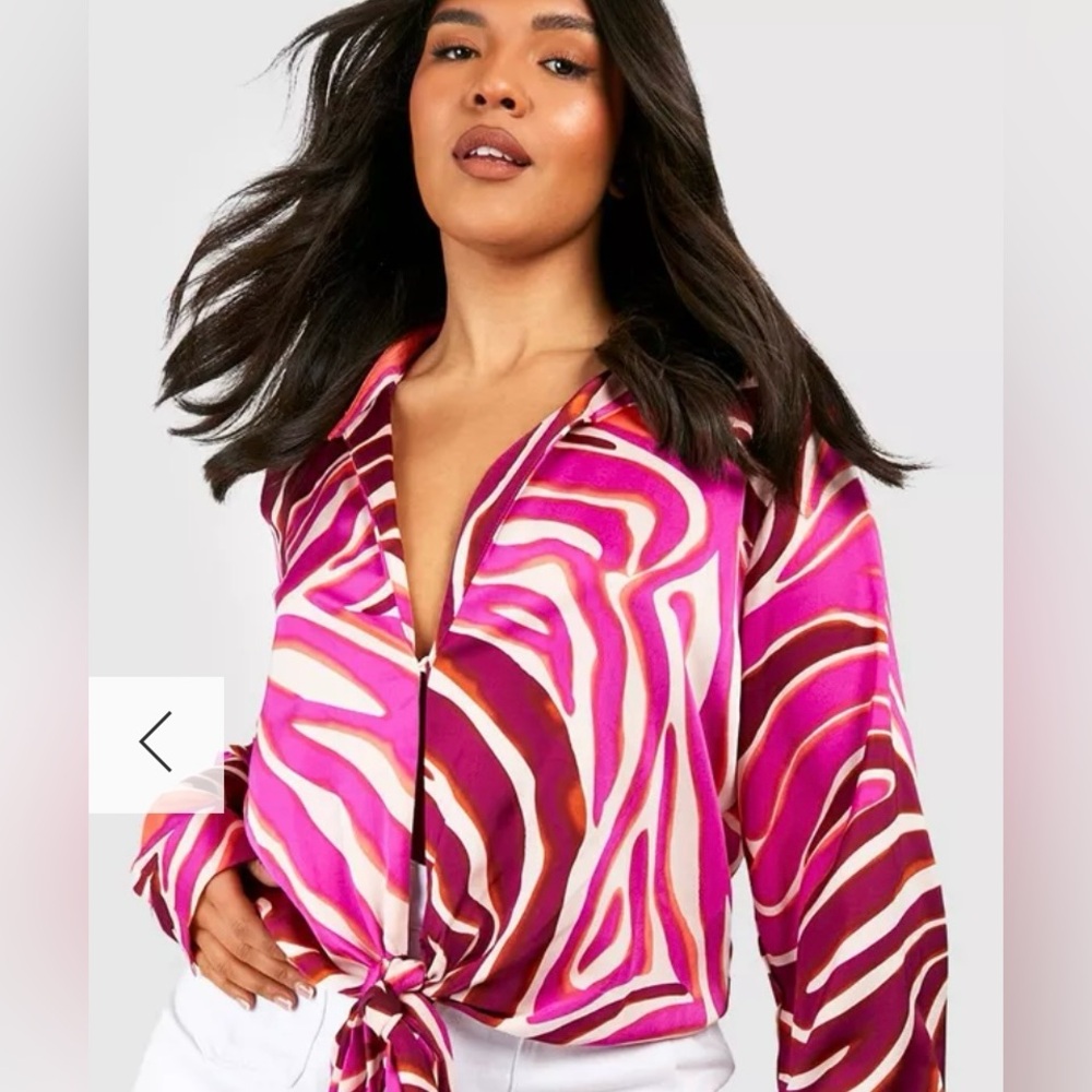 Boohoo Ladies Abstract Print Long Sleeve Tie Detail Cropped Shirt Size 14